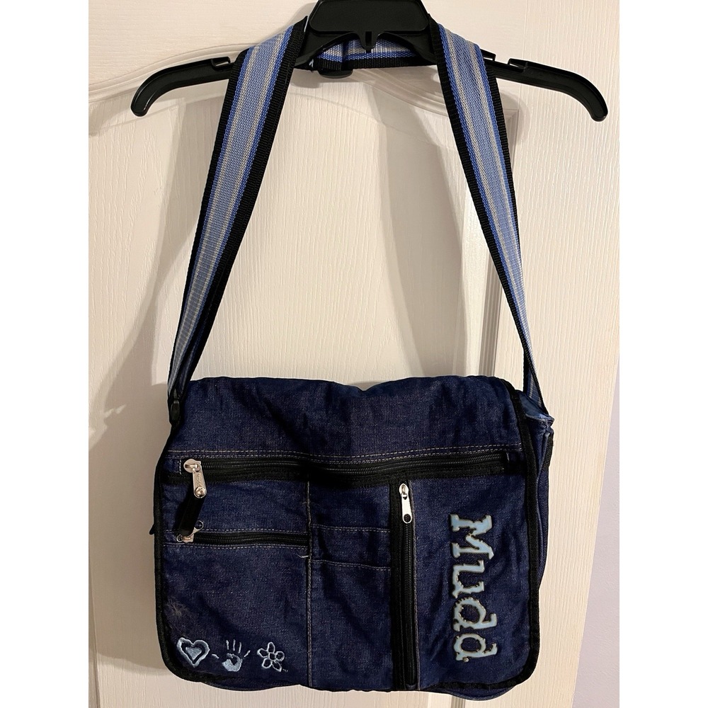 Vintage Y2K Mudd Denim Messenger Bag Embroidered Crossbody Striped Strap 2000s